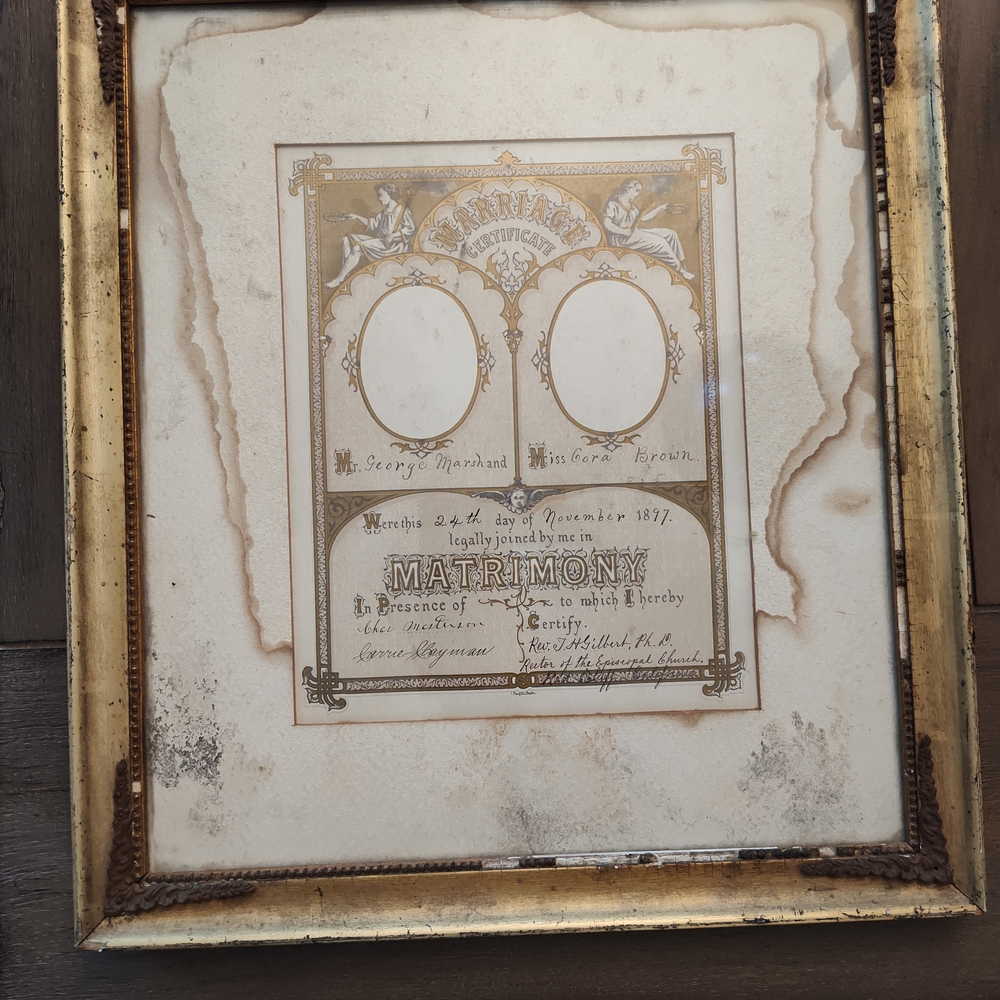LGE Ornate Antique 1897 Wood Framed Marriage Cert W/ Metal Leaf Victorian Era